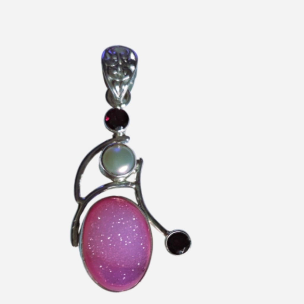 Sliver Womens Pendant Pink Stone With Ruby,Pearl Stone